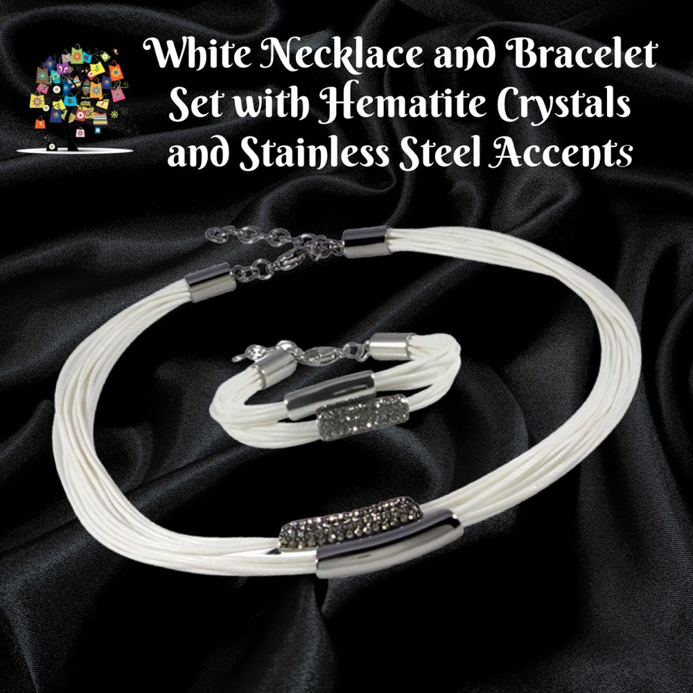 Stainless Steel Bracelet and Necklace Set White Cord Hematite Crystals